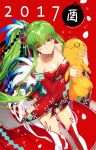  1girl 2017 bare_shoulders breasts c.c. cleavage creayus dress earrings green_hair highres japanese_clothes jewelry kimono long_hair solo thigh-highs yellow_eyes zettai_ryouiki 