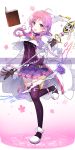  1girl :d ahoge aisha_(elsword) black_gloves black_legwear black_shirt book bow elemental_master_(elsword) elsword full_body gloves gradient_hair highres looking_at_viewer magic_circle multicolored_hair open_mouth pinb pink_bow pink_hair pleated_skirt purple_hair purple_skirt shirt shoes short_hair skirt smile solo staff standing standing_on_one_leg thigh-highs twintails twitter_username violet_eyes white_background white_coat 