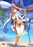  1girl absurdres animal_ears bikini blue_bikini bracelet breasts fate/extra fate/grand_order fate_(series) fox_ears fox_tail groin hat hat_ribbon highres jewelry large_breasts long_hair looking_at_viewer nature navel ocean official_art parasol pink_hair ribbon solo swimsuit tail tamamo_(fate)_(all) tamamo_no_mae_(swimsuit_lancer)_(fate) umbrella wada_aruko yellow_eyes 