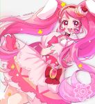  1girl :d animal_ears blush cake_hair_ornament copyright_name cure_whip earrings food food_themed_hair_ornament food_themed_ornament fruit full_body gloves grey_background hair_ornament jewelry kirakira_precure_a_la_mode kojiko_(kizikoriann) long_hair magical_girl open_mouth pink pink_eyes pink_hair precure rabbit rabbit_ears simple_background smile solo star strawberry strawberry_shortcake text twintails usami_ichika whipped_cream 
