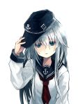  1girl anchor_symbol blue_eyes blue_hair hat hibiki_(kantai_collection) kantai_collection long_hair looking_at_viewer matching_hair/eyes natsuyuki simple_background solo white_background 