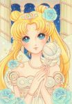  1girl bishoujo_senshi_sailor_moon blonde_hair blue_eyes bracelet commentary_request crescent_moon double_bun dress facial_mark flower forehead_mark hair_flower hair_ornament jewelry jyan_borii long_hair moon necklace pearl_bracelet pearl_necklace pillar princess_serenity sky smile solo sparkling_eyes star_(sky) starry_sky strapless strapless_dress tiara twintails wand white_dress 