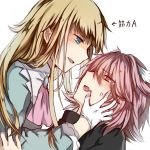  1boy androgynous blonde_hair blue_eyes blush fate/apocrypha fate/grand_order fate_(series) le_chevalier_d&#039;eon_(fate/grand_order) long_hair marie_antoinette_(fate/grand_order) nagatsuki_take open_mouth pink_hair rider_of_black saliva smile trap violet_eyes 