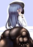  1girl akatsuki_(kantai_collection) ass black_legwear blue_eyes blush feet from_below hat kantai_collection long_hair looking_back no_pants panties panties_under_pantyhose pantyhose school_uniform serafuku sitting smile soles solo underwear upper_body wariza yottin 