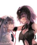  bare_shoulders black_gloves blush bow breasts capelet chains cleavage commentary_request fate/grand_order fate_(series) gloves hair_bow hand_on_another&#039;s_head headpiece jeanne_alter jeanne_alter_(santa_lily)_(fate) medium_breasts out_of_frame petting ruler_(fate/apocrypha) short_hair silver_hair striped striped_bow upper_body yellow_eyes yuge_(yuge_bakuhatsu) 