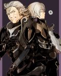  2boys armor back-to-back blush closed_eyes crossed_arms fire_emblem fire_emblem_if gloves grey_hair gunter_(fire_emblem_if) highres joker_(fire_emblem_if) long_hair low_ponytail male_focus multiple_boys orange_eyes scar torisudesu 