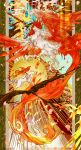  amaterasu animal bird branch canvas_(object) chicken commentary_request fire highres mythological_creature no_humans oki_(a-terubz) ookami_(game) petals red_wings sun tree tree_branch twitter_username white_wolf wings wolf year_of_the_rooster 
