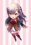  1girl ahoge alpha_(eren_mfmf) blush chibi d: fate/grand_order fate_(series) frilled_sleeves frills highres olga_marie open_mouth pantyhose silver_hair solo striped vertical-striped_background vertical_stripes yellow_eyes 