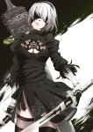  1girl black_boots black_dress black_legwear blindfold boots breasts cleavage cleavage_cutout dress dual_wielding gloves hairband head_tilt holding holding_sword holding_weapon juliet_sleeves large_breasts long_sleeves mole mole_under_mouth nier_(series) nier_automata puffy_sleeves short_hair silver_hair simple_background skindentation solo standing sword thigh-highs thigh_boots weapon weapon_on_back yorha_unit_no._2_type_b yukichi_(mainitiiitenkidana07) 