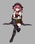  1girl absurdres bare_shoulders black_legwear book boots commentary_request dress fate/grand_order fate_(series) flat_chest full_body hat helena_blavatsky_(fate/grand_order) highres legs_crossed looking_at_viewer nagatsuki_take purple_hair ribbed_legwear short_hair sitting smile solo strapless tree_of_life violet_eyes 