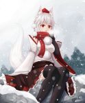  1girl animal_ears black_legwear chestnut_mouth detached_sleeves hat inubashiri_momiji outdoors pom_pom_(clothes) red_eyes red_scarf rock scarf sitting skirt snow snowing solo tail thigh-highs tokin_hat touhou white_hair wolf_ears wolf_tail yukitourou 