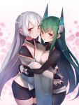  2girls asymmetrical_docking bangs black_bodysuit black_legwear blunt_bangs blush bodysuit breast_press breasts bridal_gauntlets covered_navel detached_sleeves expressionless gradient gradient_background green_hair headgear highres hug japanese_clothes kimono long_hair long_sleeves looking_at_viewer medium_breasts menou_kaname multiple_girls red_eyes sidelocks skin_tight sleeveless sleeveless_kimono sweatdrop taishi_(picchiridou) thigh-highs tsuru-chan white_hair wide_sleeves yuri 