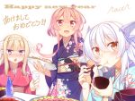  3girls bangs blue_eyes blunt_bangs blush bottle brown_eyes brown_hair character_request chopsticks commentary_request eating english floral_print food glass hair_ribbon hairband happy_new_year holding japanese_clothes kimono long_hair looking_at_viewer mochi multiple_girls new_year open_mouth original pink_eyes pink_hair racer_(magnet) ribbon sake_bottle signature silver_hair translated wagashi 