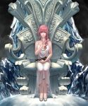  1girl absurdres bird blue_eyes breasts cleavage dress final_fantasy final_fantasy_xiii full_body highres lightning_farron long_hair pink_hair relear throne white_dress 