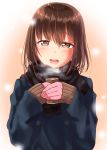  1girl bangs black_scarf blush breath brown_eyes brown_hair buttons can coat eyebrows_visible_through_hair gurande_(g-size) hair_between_eyes half-closed_eyes highres holding holding_can looking_at_viewer open_mouth original scarf sleeves_past_wrists smile snow solo teeth upper_body 