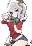  1girl bell blue_eyes bow bowtie capelet christmas christmas_sweater green_bow green_bowtie hat hexed jingle_bell kantai_collection kashima_(kantai_collection) kneeling looking_at_viewer miniskirt mistletoe santa_hat silver_hair skirt solo sweater twintails white_background 