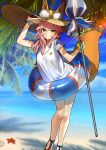  1girl absurdres animal_ears bracelet breasts fate/extra fate/grand_order fate_(series) fox_ears fox_tail hat highres jewelry large_breasts long_hair looking_at_viewer nature ocean official_art parasol pink_hair solo tail tamamo_(fate)_(all) tamamo_no_mae_(swimsuit_lancer)_(fate) umbrella wada_aruko yellow_eyes 