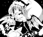  1girl alternate_costume alternate_headwear animal_ears bare_shoulders bird_wings collarbone commentary_request dress elbow_gloves gloves greyscale hat looking_at_viewer moja_(moja4192) monochrome mystia_lorelei open_mouth partly_fingerless_gloves sack santa_hat solo thigh-highs touhou wings 