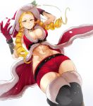  1girl abs antenna_hair black_legwear blonde_hair boots breasts cleavage garakuta gift highres hips kanzuki_karin long_hair navel santa_costume short_shorts shorts simple_background solo street_fighter thigh-highs thigh_boots thighs toned white_background yellow_eyes 