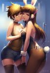  2016 2girls animal_ears arched_back artist_name bangs bare_shoulders black_legwear black_leotard blue_shorts blurry bracelet breast_grab breasts brown_eyes brown_hair brown_legwear bunny_tail bunnysuit cheek-to-cheek choker cleavage collarbone cowboy_shot d.va_(overwatch) detached_collar door eyelashes fake_animal_ears grabbing gradient hairband half-closed_eyes hand_on_another&#039;s_back hand_under_clothes head_to_head headphones highres jewelry leotard light_particles long_hair looking_at_viewer medium_breasts mool_yuegang multiple_girls overwatch palms pantyhose rabbit_ears saliva saliva_trail short_hair shorts side_glance sleeveless strapless strapless_leotard sunglasses swept_bangs tail tank_top thigh-highs tongue tongue_out tracer_(overwatch) white-framed_eyewear yuri 