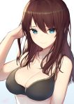  1girl 2017 artist_name ato_(haru_ato) bare_arms bare_shoulders bikini bikini_top black_bikini breasts brown_hair cleavage closed_mouth collarbone dated gradient gradient_background hair_between_eyes hand_in_hair highres large_breasts long_hair looking_at_viewer original pink_lips signature solo swimsuit upper_body 