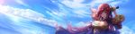  1girl bird blue_eyes breasts chain_chronicle cleavage clouds dutch_angle frills highres large_breasts long_hair long_image ocean official_art parrot parted_lips redhead sky smile solo sword very_long_hair weapon wide_image wooju 