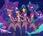  4boys aipom baseball_cap black_hair brown_hair funoito gastly gengar ghostbusters goggles gold_(pokemon) green_eyes hat haunter jumpsuit long_hair male_focus multiple_boys ookido_green parody pikachu pokemon pokemon_special porygon2 proton_pack red_(pokemon) redhead silver_(pokemon) weavile 