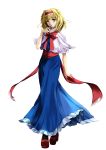  1girl absurdres alice_margatroid blonde_hair blue_dress blue_eyes bow bowtie capelet dress full_body highres katsuko_(tohyarei) kirisame_marisa looking_at_viewer parted_lips red_bow red_bowtie red_shoes sash shoes short_hair solo standing touhou 