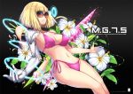  1girl bikini blonde_hair breasts cleavage cyborg floral_background flower large_breasts lily_(flower) mechanical_arm navel original outstretched_hand parted_lips parts_exposed pink_bikini short_hair side-tie_bikini solo sunglasses swimsuit t-track teeth thighs white_flower 