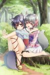  2girls animal_ears bell bell_collar black_hair brown_eyes collar collarbone forest fox_ears fox_girl green_eyes keita_(tundereyuina) kemonomimi_mode multiple_girls nature original outdoors pleated_skirt sash short_hair silver_hair sitting skirt tail tree white_skirt 