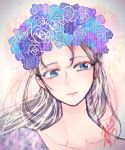  1boy blue_eyes blue_rose collarbone flower grey_hair head_wreath highres light_smile long_hair male_focus rose ura_(larme_miel) viktor_nikiforov younger yuri!!!_on_ice 