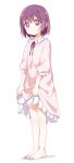  1girl barefoot blush dress dress_lift full_body highres looking_at_viewer namori nightgown original purple_hair short_hair simple_background solo standing violet_eyes white_background 