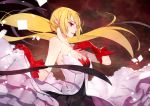  1girl bare_shoulders blonde_hair breasts fang gloves ian_olympia kiss-shot_acerola-orion_heart-under-blade lips long_hair medium_breasts monogatari_(series) pointy_ears ponytail red_eyes red_gloves solo 