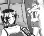  2girls ? blush boxers caitlyn_(league_of_legends) controller league_of_legends long_hair looking_away monochrome multiple_girls oldlim remote_control short_hair towel underwear vi_(league_of_legends) 