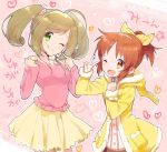  2girls abe_nana antenna_hair bow green_eyes hair_bow heart hood hoodie idolmaster idolmaster_cinderella_girls jacket kurochiroko multiple_girls one_eye_closed orange_eyes orange_hair pink_background ponytail satou_shin skirt tongue twintails v 