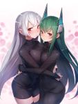  2girls :&lt; :/ asymmetrical_docking bangs black_bodysuit black_legwear blunt_bangs blush bodysuit breast_press breasts bridal_gauntlets collarbone covered_navel expressionless gradient gradient_background green_hair headgear highres hug long_hair looking_at_viewer medium_breasts menou_kaname multiple_girls original red_eyes sidelocks skin_tight sweatdrop taishi_(picchiridou) thigh-highs tsuru-chan white_hair yuri 