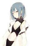  1girl bangs blue_hair breasts center_opening dress earrings expressionless hair_between_eyes half-closed_eyes jewelry lace_trim looking_at_viewer lpip medium_breasts original short_hair simple_background solo upper_body white_background white_coat white_dress 
