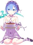  1girl absurdres bare_shoulders blue_eyes blue_hair breasts cake criss-cross_halter cross-laced_legwear detached_sleeves dress eyebrows_visible_through_hair eyes_visible_through_hair food fruit full_body hair_ornament hair_over_one_eye hair_ribbon hairband halter_top halterneck highres lolita_hairband looking_at_viewer matching_hair/eyes medium_breasts ootsuka_shin&#039;ichirou petite re:zero_kara_hajimeru_isekai_seikatsu rem_(re:zero) ribbon ribbon-trimmed_sleeves ribbon_trim short_hair sitting socks solo strawberry transparent_background white_dress white_legwear x_hair_ornament yokozuwari 