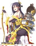  1girl black_hair blush bridal_gauntlets floral_print full_body hair_ornament holding holding_sword holding_weapon japanese_clothes kimono long_hair mole mole_under_eye official_art open_mouth petals red_eyes shirohime_quest solo sword tabi torn_clothes transparent_background weapon 