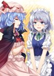  2girls apron bat_wings blue_eyes blue_hair blush braid cape closed_eyes commentary_request crossed_arms e.o. hat hat_ribbon highres izayoi_sakuya long_hair maid_apron maid_headdress multiple_girls open_mouth puffy_sleeves remilia_scarlet ribbon short_hair silver_hair touhou twin_braids wings 