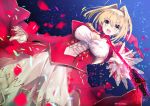  1girl :d blonde_hair breasts cleavage epaulettes fate/extra fate_(series) green_eyes looking_at_viewer mitsurugi_aoi open_mouth petals saber_extra see-through smile solo twitter_username 