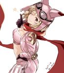  1girl ;) bag bangs black_gloves blonde_hair blush breasts brown_eyes cat_ears cleavage closed_mouth crop_top dated djeeta_(granblue_fantasy) from_side gloves goggles goggles_on_head granblue_fantasy index_finger_raised jacket looking_at_viewer medium_breasts midriff nabeshima_tetsuhiro one_eye_closed pants pink_pants pointing pointing_up red_scarf satchel scarf short_hair simple_background smile solo star twitter_username white_background 
