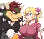  1boy 1girl bangs blonde_hair blue_eyes blush bowser breasts chopsticks collar earrings eye_contact eyelashes fingernails floral_print flower food hair_between_eyes hair_flower hair_ornament hakama haori holding holding_chopsticks holding_plate horn horns japanese_clothes jewelry kimono large_breasts looking_at_another super_mario_bros. mohawk monster nail_polish new_year obi pink_nails pink_yukata plate princess_peach redhead sash sharing_food side_ponytail simple_background slurping smile spiked_collar spikes spiky_hair super_mario_bros. sushi sweatdrop thick_eyebrows tied_hair upper_body white_background yukata zabumaku 