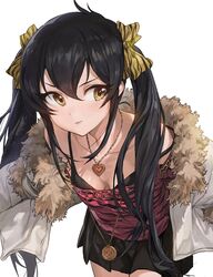  1girl animal_print bangs bare_shoulders black_bra black_hair black_skirt blush bra breasts brown_eyes brown_ribbon closed_mouth collarbone fur_coat hair_between_eyes hair_ribbon heart heart_necklace highres idolmaster idolmaster_cinderella_girls leaning_forward leopard_print long_hair looking_to_the_side matoba_risa medium_breasts mossi pleated_skirt ribbon simple_background skirt solo strap_slip strapless tubetop twintails underwear white_background 