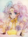  1girl :3 bishoujo_senshi_sailor_moon blue_eyes bow choker crescent_moon double_bun earrings facial_mark forehead_mark highres jewelry long_hair luna_(sailor_moon) moon personification traditional_media ura_(larme_miel) watercolor_(medium) wavy_hair yellow_bow 