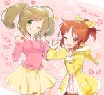  2girls abe_nana antenna_hair bow commentary_request green_eyes hair_bow heart hood hoodie idolmaster idolmaster_cinderella_girls jacket kurochiroko multiple_girls one_eye_closed orange_eyes orange_hair pink_background ponytail satou_shin skirt tongue twintails v 