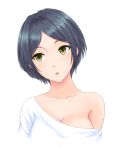  1girl bangs black_hair blush breasts cleavage collarbone face hayami_kanade idolmaster idolmaster_cinderella_girls looking_away off_shoulder parted_bangs portrait short_hair simple_background solo toyatokage white_background yellow_eyes 