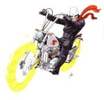  1boy artist_name biker_clothes ground_vehicle hell_biker hell_biker_(megami_tensei) highres kazuma_kaneko looking_at_viewer motor_vehicle motorcycle official_art oldschool scarf shin_megami_tensei skull 