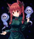  1girl absurdres akakabu_(obsidian910) animal_ears bangs black_bow blunt_bangs blush bow braid breasts cat_ears closed_mouth dark_background dress eyebrows_visible_through_hair floating_skull green_dress hair_bow head_tilt highres juliet_sleeves kaenbyou_rin long_hair long_sleeves looking_at_viewer medium_breasts puffy_sleeves red_eyes redhead shiny shiny_hair smile touhou twin_braids 