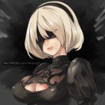  1girl android black_dress black_hairband blindfold breasts cleavage cleavage_cutout closed_mouth covered_eyes dress erect_nipples hair_over_eyes hairband juliet_sleeves large_breasts lips long_sleeves mole mole_under_mouth nier_(series) nier_automata patreon_username phandit_thirathon puffy_sleeves short_hair silver_hair smile solo turtleneck upper_body watermark web_address yorha_unit_no._2_type_b 